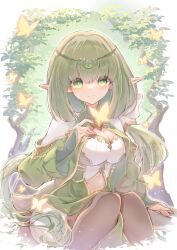 Rule 34 | 1girl, alynna (p&amp;d), breasts, bug, butterfly, circlet, cleavage, clothing cutout, elf, green eyes, green hair, highres, insect, kokoyu (kokoyu66), pointy ears, ponytail, puzzle &amp; dragons, sitting, smile, solo, taut clothes, thighhighs