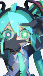 Rule 34 | 1girl, absurdres, ahoge, android, aqua hair, aqua necktie, cheri zao, detached sleeves, finger frame, green eyes, hatsune miku, highres, necktie, ringed eyes, robot girl, simple background, solo, twintails, upper body, vocaloid, white background