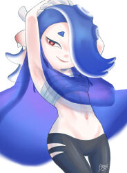 Rule 34 | armpits, arms up, atori (a ttori), blue hair, capelet, chest sarashi, cowboy shot, ear piercing, hair over one eye, highres, navel, nintendo, octoling girl, octoling player character, pants, piercing, pointy ears, red eyes, sarashi, shiver (splatoon), smile, splatoon (series), splatoon 3, tentacle hair, thigh gap, torn clothes, torn pants, white background
