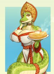 1girl breasts cleavage colored_sclera devilhs food furry furry_female highres holding holding_plate humans_are_not_that_against_lizardwomen large_breasts lizard_tail pancake pancake_stack plate red_eyes reptile_girl slavic_clothes slavic_mythology slit_pupils solo tail veinte_(humans_are_not_that_against_lizardwomen) yellow_sclera