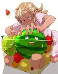 Rule 34 | 1girl, angry, apple, belt, black belt, blonde hair, cantaloupe, constricted pupils, crying, dark-skinned female, dark skin, dress, elf, excalibur face, flower, food, frown, fruit, hair flower, hair ornament, highres, hololive, kneeling, long hair, multicolored hair, pink dress, pleated dress, pointy ears, pushing, red eyes, shiranui flare, shiranui flare (4th costume), short sleeves, strawberry, streaked hair, suika game, sweat, uzuradobin, virtual youtuber, watermelon, white background, white hair