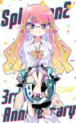Rule 34 | 1girl, absurdres, anniversary, artist name, bow, bowtie, bracelet, closed mouth, clothes around waist, commentary, confetti, copyright name, dapple dualies (splatoon), diagonal-striped bow, diagonal-striped bowtie, diagonal-striped clothes, diagonal-striped neckwear, dress shirt, earrings, english text, eye glitter, grey skirt, gyaru, hair ornament, highres, holding, holding weapon, ichijo rei, inkling, inkling girl, inkling player character, jewelry, kogal, long hair, looking at viewer, loose socks, miniskirt, multicolored hair, nintendo, orange eyes, orange hair, pink bow, pink bowtie, pink hair, pleated skirt, pointy ears, school uniform, shirt, signature, skirt, smile, socks, solo, splatoon (series), splatoon 2, standing, streaked hair, striped bow, striped bowtie, striped clothes, striped neckwear, tentacle hair, text background, weapon, white legwear, white shirt, wing collar