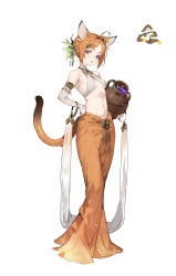 Rule 34 | 1girl, :o, absurdres, ahoge, animal ears, breasts, bridal gauntlets, cat ears, cat tail, copyright request, elbow gloves, fang, full body, gloves, hand on own hip, highres, holding jug, jug (bottle), looking at viewer, multicolored hair, navel, orange hair, orange skirt, purple eyes, revealing clothes, shirt, shisantian, short hair, simple background, skirt, small breasts, solo, standing, stomach, streaked hair, tail, white background, white gloves, white shirt