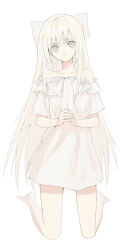 Rule 34 | 1girl, bare shoulders, barefoot, bow, dress, expressionless, hair bow, highres, kneeling, long hair, looking at viewer, original, own hands together, solo, very long hair, white background, white dress, white eyes, white hair, white theme, yasumibi roa