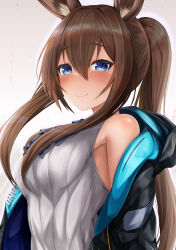 Rule 34 | 1girl, absurdres, amiya (arknights), animal ear fluff, animal ears, arknights, black jacket, blue eyes, blush, breasts, brown hair, closed mouth, commentary request, ear piercing, hair between eyes, highres, hood, hood down, hooded jacket, jacket, long hair, medium breasts, off shoulder, open clothes, open jacket, piercing, ponytail, rabbit ears, ryara, shirt, sleeveless, sleeveless shirt, smile, solo, upper body, very long hair, white shirt