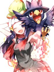 Rule 34 | 00s, 1girl, ;d, angry, armpits, bad id, bad pixiv id, beanie, black thighhighs, blue eyes, blue hair, boots, breasts, creatures (company), dawn (pokemon), fang, game freak, gen 2 pokemon, gen 4 pokemon, hair ornament, hairclip, happy, hat, holding, long hair, matching hair/eyes, miniskirt, murkrow, naru (andante), nintendo, one eye closed, open mouth, pokemon, pokemon (anime), pokemon (creature), pokemon dppt, red scarf, scarf, shirt, simple background, skirt, sleeveless, sleeveless shirt, small breasts, smile, thighhighs, turtwig, white background, wink
