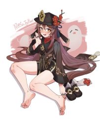 Rule 34 | 1girl, bare legs, barefoot, black footwear, black hat, black shorts, blush, brown hair, brown jacket, coattails, commentary, commission, english commentary, eyelashes, feet, flower, full body, genshin impact, hair between eyes, hand up, hat, hat flower, highres, hu tao (genshin impact), jacket, jewelry, legs, long hair, long sleeves, looking at viewer, mole on foot, nail polish, open mouth, ring, shoes, shorts, sidelocks, simple background, sin (sintrybest), sitting, socks, soles, solo, symbol-shaped pupils, toenail polish, toenails, toes, twitter username, unworn shoes, unworn socks, very long hair, white background, white socks