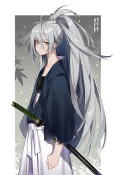 Rule 34 | 1girl, aek-999 (girls&#039; frontline), ahoge, border, character name, deathalice, earrings, girls&#039; frontline, grey background, hair between eyes, highres, japanese clothes, jewelry, katana, leaf print, long hair, looking at viewer, ponytail, sidelocks, silver hair, simple background, solo, standing, strapless, sword, torn clothes, tube top, weapon, wide sleeves, yellow eyes
