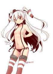 Rule 34 | 10s, 1girl, amatsukaze (kancolle), black choker, black panties, breasts, choker, garter straps, gloves, hair tubes, kantai collection, long hair, navel, panties, red thighhighs, side-tie panties, simple background, single glove, solo, striped clothes, striped thighhighs, suspenders, thighhighs, tobi (one), twitter username, two side up, underwear, white background