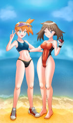 Rule 34 | 2girls, abs, absurdres, armpits, asymmetrical hair, bandana, bikini, blue eyes, breasts, brown hair, competition swimsuit, cowboy shot, creatures (company), elbow gloves, game freak, gloves, highres, may (pokemon), misty (pokemon), morpheus (optoem), multiple girls, muscular, navel, nintendo, one-piece swimsuit, one eye closed, orange hair, pokemon, pokemon rgby, pokemon rse, ponytail, shiny skin, shoes, side ponytail, smile, sneakers, sports bikini, sportswear, swimsuit, thick thighs, thighs, v, visor, wink