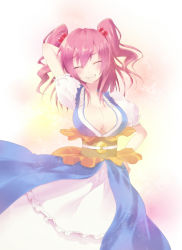 Rule 34 | 1girl, arm behind head, bad id, bad pixiv id, belt, blue dress, breasts, cleavage, closed eyes, dress, female focus, gradient background, grin, hair bobbles, hair ornament, hand on own hip, hip focus, large breasts, onozuka komachi, oota minoru, red hair, smile, solo, touhou, twintails, two side up, white background