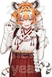 Rule 34 | 1girl, 2022, :d, animal ear fluff, animal ears, black hair, chinese zodiac, claw pose, commentary request, deku suke, gloves, gradient hair, hair between eyes, happy new year, highres, japanese clothes, kemono friends, long hair, looking at viewer, miko, multicolored hair, new year, open mouth, orange hair, siberian tiger (kemono friends), simple background, smile, solo, tail, teeth, tiger ears, tiger girl, tiger tail, white background, white gloves, white hair, year of the tiger, yellow eyes