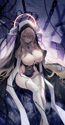 Rule 34 | 1girl, absurdres, azur lane, bare shoulders, black gloves, blonde hair, breast cutout, breasts, chain, cleavage, covered navel, fake horns, feet out of frame, gloves, habit, hair between eyes, halo, highres, horns, implacable (azur lane), large breasts, long hair, looking at viewer, nun, orange eyes, pelvic curtain, revealing clothes, revision, shiro kanae, solo, thighhighs, two-tone dress, veil, very long hair, white horns, white thighhighs
