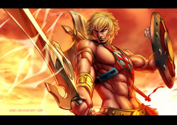 Rule 34 | 1boy, abs, animification, axe, barbarian, belt, bishounen, blonde hair, cloud, dusk, energy, fantasy, fire, he-man, letterboxed, looking at viewer, masters of the universe, muscular, shield, signature, smirk, sword, sword of power, tan, vest, weapon, xong