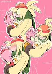 Rule 34 | 1boy, 1girl, amy rose, averting eyes, bark the polar bear, blush, carrying, carrying person, eye contact, furry, furry female, furry male, gloves, green eyes, hashtag only commentary, hat, height difference, hetero, highres, hug, looking at another, mojunpwo, pink background, red eyes, scarf, sonic (series), upper body, white gloves