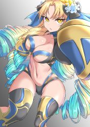 Rule 34 | 1girl, astraea (fate), astraea (festival outfit) (fate), black panties, blonde hair, blue hair, blue ribbon, boxing, boxing gloves, breasts, cleavage, coyomin, drill hair, fate/grand order, fate (series), flower, gold trim, gradient hair, hair flower, hair ornament, hair ribbon, highres, large breasts, long hair, looking at viewer, multicolored hair, navel, panties, parted bangs, quad drills, ribbon, sports bra, thighhighs, thighs, underwear, very long hair, yellow eyes