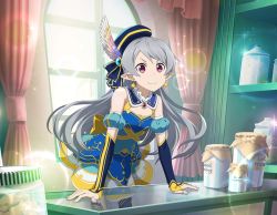 Rule 34 | 1girl, arm strap, blue sleeves, closed mouth, detached sleeves, earrings, floating hair, game cg, indoors, jewelry, leaning forward, lens flare, long hair, miniskirt, pointy ears, red eyes, seven (sao), skirt, sleeves past wrists, smile, solo, sparkle, standing, sword art online, v-shaped eyebrows, very long hair, white hair