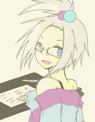 Rule 34 | 10s, 1girl, bare shoulders, bespectacled, blue eyes, creatures (company), desk, female focus, from behind, game freak, glasses, gym leader, hair bobbles, hair ornament, long sleeves, looking back, nintendo, paper, pen, pokemon, pokemon bw2, roxie (pokemon), shirt, short hair, silver hair, sleeves past wrists, smile, solo, striped clothes, striped shirt, topknot