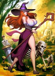 Rule 34 | 1girl, ass, black hat, breasts, brown eyes, brown footwear, cloud, detached sleeves, dragon&#039;s crown, dress, genzoman, grass, hat, highres, holding, huge breasts, large breasts, long hair, looking at viewer, pointy footwear, red hair, shoes, skeleton, sky, sleeveless, solo, sorceress (dragon&#039;s crown), staff, sword, tree, weapon, witch, witch hat