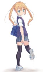 Rule 34 | 1girl, black thighhighs, blonde hair, blue skirt, blue sweater vest, changaa, commentary request, from behind, full body, green eyes, highres, leg lift, leg up, long hair, looking back, original, school uniform, shirt, shoes, short sleeves, simple background, skindentation, skirt, sneakers, soles, solo, sweater vest, thighhighs, twintails, white background, white footwear, white shirt, zettai ryouiki