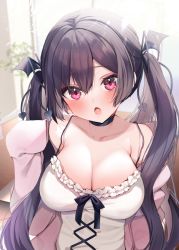 Rule 34 | 1girl, :o, ayuma sayu, black choker, black ribbon, blush, breasts, choker, cleavage, collarbone, commentary request, fang, hair between eyes, hair ribbon, hand up, head wings, highres, jacket, large breasts, long hair, long sleeves, looking at viewer, off shoulder, open clothes, open jacket, open mouth, original, pink eyes, pink jacket, ribbon, shirt, sleeves past fingers, sleeves past wrists, solo, spaghetti strap, twintails, upper body, very long hair, white shirt, wings