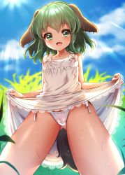 Rule 34 | 1girl, :d, absurdres, animal ears, bare shoulders, blurry, blurry background, blurry foreground, blush, bow, clothes lift, commentary request, day, depth of field, dog ears, dress, duplicate, fang, fingernails, flat chest, from below, green eyes, green hair, highres, kasodani kyouko, lens flare, lifted by self, looking at viewer, medium hair, open mouth, outdoors, panties, pixel-perfect duplicate, skirt, skirt lift, smile, solo, standing, sweat, touhou, underwear, upskirt, white bow, white dress, white panties, yufukiri