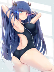 Rule 34 | 1girl, adjusting hair, alternate costume, armpits, arms behind head, ass, azur lane, black hair, black one-piece swimsuit, blunt bangs, blush, butt crack, commentary request, competition swimsuit, glowing, glowing eyes, habu rin, highres, horns, ibuki (azur lane), long hair, looking at viewer, looking back, multiple horns, one-piece swimsuit, open mouth, parted lips, sidelocks, solo, swimsuit, twisted torso