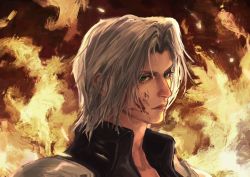 Rule 34 | 1boy, aged down, aqua eyes, armor, backlighting, black jacket, blood, blood on face, closed mouth, embers, final fantasy, final fantasy vii, final fantasy vii ever crisis, final fantasy vii remake, fire, green hair, high collar, highres, jacket, parted bangs, sephiroth, short hair, shoulder armor, solo, square enix, tyt tham, upper body