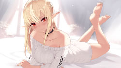 Rule 34 | 1girl, bad id, bad pixiv id, bare legs, bare shoulders, barefoot, black neckwear, blonde hair, blush, cait aron, choker, closed mouth, collarbone, dark-skinned female, dark skin, elf, feet up, full body, highres, hololive, indoors, long hair, long sleeves, looking at viewer, lying, off shoulder, on stomach, pointy ears, red eyes, shiranui flare, smile, solo, sweater, the pose, virtual youtuber, white sweater