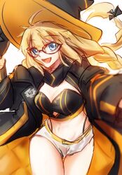 Rule 34 | 1girl, aesc (fate), aesc (rain witch) (fate), artist request, blonde hair, blue eyes, blush, fate/grand order, fate (series), glasses, hat, highres, long hair, looking at viewer, robe, round eyewear, smile, thighs, white background, white robe, witch hat