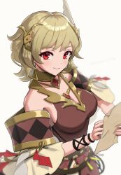 Rule 34 | 1girl, bare shoulders, blonde hair, breasts, citrinne (fire emblem), feather hair ornament, feathers, fire emblem, fire emblem engage, gonzarez, hair ornament, highres, large breasts, looking at viewer, nintendo, off shoulder, red eyes, short hair, smile, solo, upper body