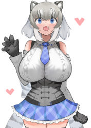 Rule 34 | 1girl, :3, :d, absurdres, ahoge, animal ears, bad id, bad pixiv id, black gloves, blue eyes, blush, breasts, cave lion (kemono friends), cowboy shot, detached sleeves, fang, frilled skirt, frills, gloves, grey hair, heart, highres, huge breasts, kemono friends, lion ears, lion girl, long sleeves, necktie, open mouth, short necktie, simple background, skirt, smile, solo, white background, zuchi00