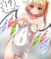 Rule 34 | !?, 1girl, bare shoulders, blonde hair, blush, breasts, collarbone, commentary request, crystal, eyelashes, fingernails, flandre scarlet, gluteal fold, gradient background, grey background, hair between eyes, hand on own chest, hand up, highres, jewelry, kiui (dagk8254), long fingernails, looking at viewer, medium breasts, multicolored wings, navel, no headwear, one side up, open mouth, red eyes, short hair, solo, touhou, wet, white background, wings