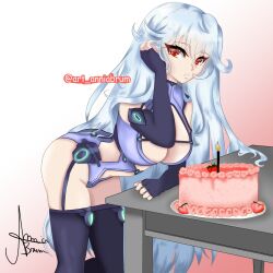 Rule 34 | 1girl, bodysuit, breasts, cake, chidorigafuchi aine, cleavage, food, gloves, gradient background, hand on own face, highres, large breasts, leaning forward, leotard, long hair, masou gakuen hxh, red eyes, table, white hair