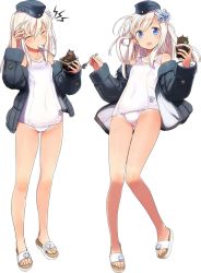 Rule 34 | 10s, 1girl, blue eyes, brain freeze, feet, food, full body, garrison cap, hair ribbon, hand on own head, hat, ice cream, jacket, kantai collection, military, military jacket, military uniform, official art, one-piece swimsuit, one-piece tan, ribbon, sandals, shimada fumikane, silver hair, standing, swimsuit, swimsuit under clothes, tan, tanline, toes, transparent background, u-511 (kancolle), uniform, white one-piece swimsuit