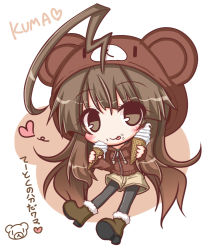 Rule 34 | 1girl, :p, ahoge, animal hood, bear hood, beige shorts, black pantyhose, blush, boots, brown eyes, brown footwear, brown hair, brown hoodie, character name, closed mouth, commentary request, food, full body, fur-trimmed boots, fur trim, head tilt, heart, holding, holding food, hood, hood up, hoodie, ice cream, kantai collection, komakoma (magicaltale), kuma (kancolle), long hair, long sleeves, looking at viewer, pantyhose, short shorts, shorts, smile, soft serve, solo, tongue, tongue out, translated, very long hair