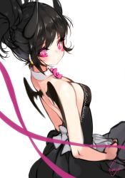 Rule 34 | 1girl, bad id, bad pixiv id, black dress, black hair, breasts, cleavage, detached collar, dress, earrings, horns, jewelry, original, pink eyes, simple background, solo, star tattoo, sukja, tattoo, white background, wings