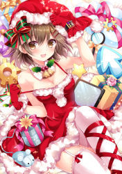 Rule 34 | 1girl, :d, bare shoulders, bell, bow, box, breasts, brown eyes, brown hair, christmas, cleavage, cowboy shot, detached collar, dress, envelope, flower, fur-trimmed gloves, fur-trimmed headwear, fur trim, garter straps, gears, gift, gift box, gloves, green bow, hair bow, hair ornament, hairclip, hand mirror, hat, knee up, kurei kei, looking at viewer, matching hair/eyes, mirror, mouse (computer), multicolored bow, nogi takayoshi, open mouth, orange bow, pink flower, pom pom (clothes), power symbol, programming live broadcast, pronama-chan, red bow, red dress, red gloves, red hat, santa hat, short hair, smile, solo, sparkle, star (symbol), strap pull, striped, striped bow, thighhighs, white thighhighs