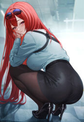 Rule 34 | 1girl, abpart, absurdres, ass, azur lane, black footwear, black pantyhose, black skirt, blush, breasts, closed mouth, eyewear on head, from behind, full body, high heels, highres, large breasts, legs, long hair, long sleeves, looking at viewer, looking back, monarch (azur lane), monarch (detective arriving on the scene) (azur lane), official alternate costume, pantyhose, purple eyes, red hair, skirt, smile, solo, squatting, sunglasses, thighs, twitter username