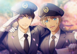 Rule 34 | 2boys, :d, amuro tooru, arm around shoulder, arm up, black headwear, black jacket, black neckwear, black suit, blonde hair, blue eyes, blurry, blurry background, brown hair, cherry blossoms, closed mouth, collared shirt, commentary request, depth of field, diploma, falling petals, film grain, formal, gloves, graduation, hair between eyes, hand on another&#039;s shoulder, hat, holding, jacket, kouno kb, long sleeves, looking at viewer, male focus, meitantei conan, multiple boys, necktie, open mouth, petals, police, police hat, police uniform, policeman, purple eyes, salute, scotch (meitantei conan), shirt, short hair, side-by-side, smile, suit, teeth, uniform, upper body, upper teeth only, white gloves, white shirt
