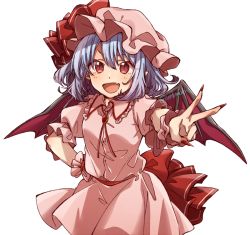 Rule 34 | 1girl, :d, bat wings, blue hair, cowboy shot, fang, fingernails, hand on own hip, hat, hat ribbon, long fingernails, looking at viewer, mob cap, nail polish, open mouth, pink hat, pink shirt, pink skirt, pointy ears, red eyes, red nails, red ribbon, remilia scarlet, ribbon, shirt, short hair, short sleeves, simple background, skin fang, skirt, smile, solo, standing, touhou, twitter username, unkmochi, v, white background, wings, wrist cuffs