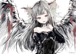 Rule 34 | 1girl, :d, arm behind back, artist name, bare shoulders, black dress, collarbone, dress, feathered wings, hand on own chest, highres, horn ornament, horns, long hair, long sleeves, looking at viewer, off-shoulder dress, off shoulder, open mouth, original, red eyes, signature, silver hair, simple background, smile, solo, sutura (balabushka), upper body, white background, white wings, wings