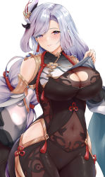 Rule 34 | 1girl, absurdres, armor, bare shoulders, bodysuit, breast curtain lift, breast curtains, breasts, cleavage, cleavage cutout, clothing cutout, detached sleeves, female focus, genshin impact, grey eyes, hair ornament, highres, japanese clothes, large breasts, looking at viewer, navel, seductive smile, see-through, shenhe (genshin impact), shoulder armor, smile, solo, thigh cutout, thighs, toyoman, white hair