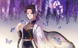 Rule 34 | 1girl, absurdres, bad id, bad pixiv id, belt, black hair, blurry, bug, butterfly, butterfly hair ornament, buttons, coat, commentary, depth of field, flower, gakuran, gradient background, hair ornament, highres, insect, katana, kimetsu no yaiba, kochou shinobu, long hair, long sleeves, looking at viewer, naco (user gvsy5334), parted lips, ponytail, purple eyes, school uniform, sidelocks, simple background, smile, sword, weapon, white coat, wind