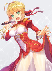 Rule 34 | 10s, 1girl, ahoge, blonde hair, braid, breasts, center opening, cleavage, cowboy shot, dress, epaulettes, fate/extra, fate (series), french braid, frilled sleeves, frills, green eyes, grey background, hair bun, hair ribbon, holding, holding clothes, holding dress, holding microphone, kibamigohann, large breasts, leaning forward, leotard, long dress, long sleeves, looking at viewer, microphone, music, nero claudius (fate), nero claudius (fate) (all), nero claudius (fate/extra), open mouth, outstretched arm, puffy long sleeves, puffy sleeves, red dress, red ribbon, ribbon, short hair with long locks, singing, single hair bun, smile, solo, sparkle, standing, teeth, white leotard