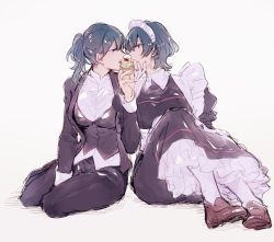 Rule 34 | 1boy, 1girl, alternate costume, alternate hairstyle, blue eyes, blue hair, brown footwear, butler, byleth (female) (fire emblem), byleth (fire emblem), byleth (male) (fire emblem), crossdressing, cupcake, enmaided, female butler, fire emblem, fire emblem: three houses, food, highres, holding, long sleeves, looking to the side, maid, maid headdress, mizuno (iori-amu), nintendo, open mouth, ponytail, selfcest, short hair, simple background, sitting, white background