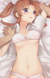 Rule 34 | 1girl, 1other, bra, breasts, brown hair, collarbone, commentary request, cowboy shot, dress shirt, grey eyes, kagerou (kancolle), kantai collection, long hair, looking at viewer, lying, medium breasts, navel, open clothes, open shirt, panties, pov, ribbon, shirt, twintails, underwear, white bra, white panties, white ribbon, white shirt, yamashichi (mtseven)