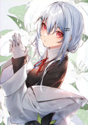 Rule 34 | 1girl, absurdres, black cardigan, blue hair, breasts, cardigan, collared shirt, commentary request, flower, from side, hair between eyes, hair ornament, hairpin, hakase fuyuki, hands up, highres, kuwashima rein, lab coat, long sleeves, looking at viewer, neck ribbon, nijisanji, off shoulder, own hands clasped, own hands together, parted lips, red eyes, red ribbon, ribbon, shirt, solo, upper body, virtual youtuber, white flower, white shirt