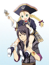 Rule 34 | 00s, 1boy, 1girl, bad id, bad pixiv id, blonde hair, boots, braid, carrying, child, green eyes, hat, legs, mattaku mousuke, open mouth, patty fleur, pirate hat, shoulder carry, sitting, sitting on person, tales of (series), tales of vesperia, twin braids, yuri lowell