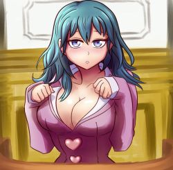 Rule 34 | 1girl, ace attorney, april may, april may (cosplay), aqua hair, blue eyes, blush, breasts, buttons, byleth (female) (fire emblem), byleth (fire emblem), cleavage, collarbone, cosplay, fire emblem, fire emblem: three houses, heart button, large breasts, looking at viewer, nintendo, paw pose, phoenix wright: ace attorney, solo, upper body, voice actor connection